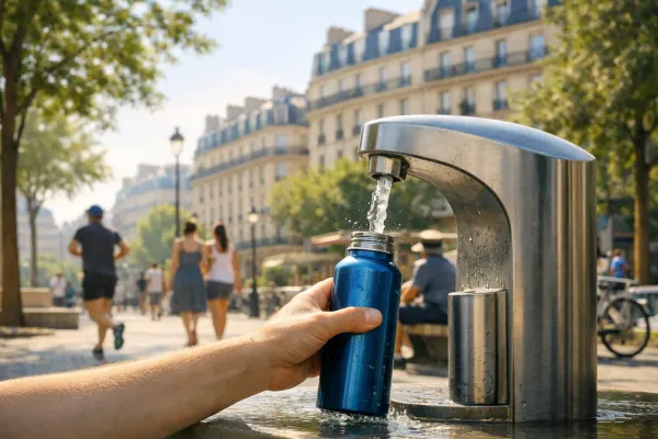 Fontaine publique parisienne l’été