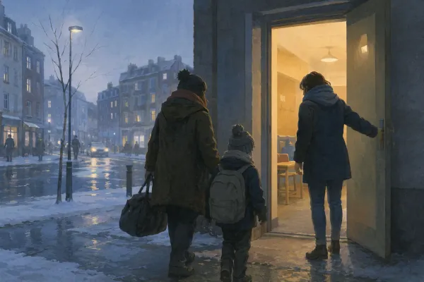 Famille devant hébergement d’urgence