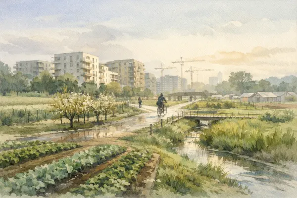 Illustration - quartier vert entre immeubles et cultures