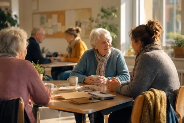 Senior attablé dans une salle communale