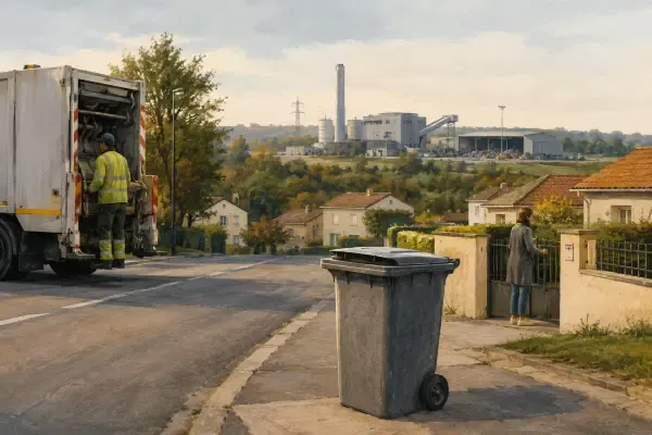Camion-poubelle devant une usine