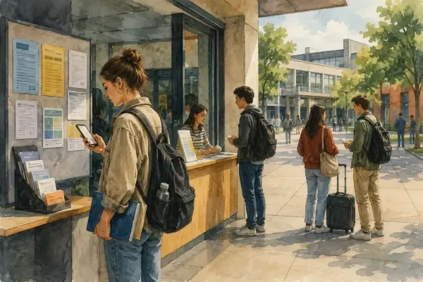 Étudiants devant un campus universitaire