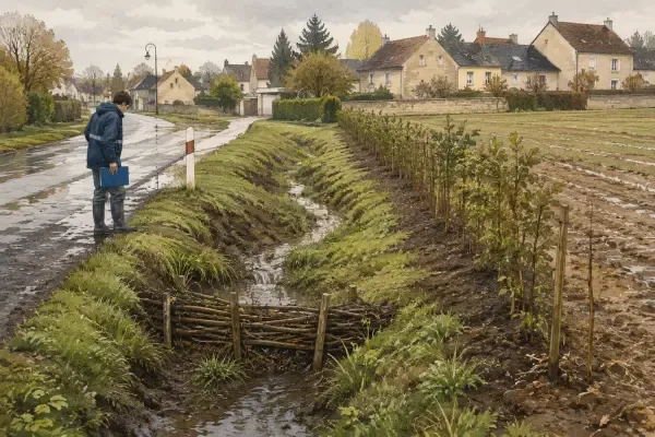 Illustration - fossé et haie après l’orage