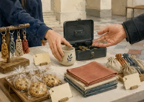 Collégiens devant un stand de vente