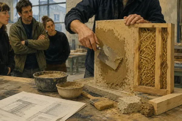 Formateurs découvrant des matériaux biosourcés