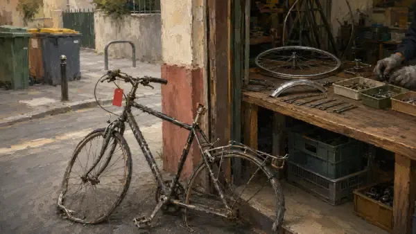 Vélo abandonné près d’un atelier