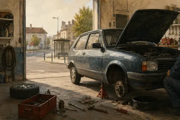 Voiture ancienne en réparation solidaire