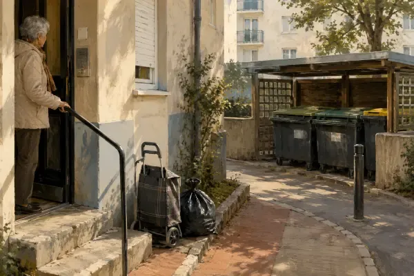 Senior devant un local à poubelles