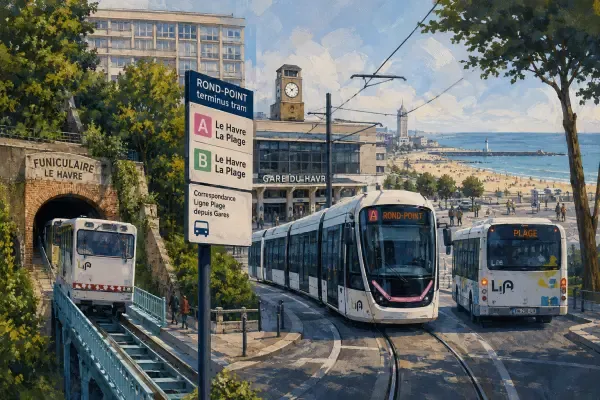 Illustration - Tram et plage au Havre