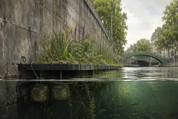 Radeau végétalisé sur un canal