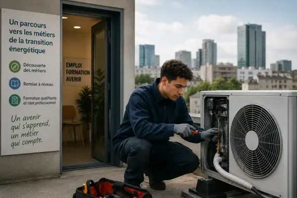 Technicien devant une pompe à chaleur