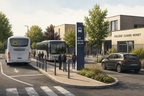 Cars scolaires devant un collège