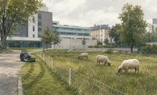 Moutons dans un parc hospitalier