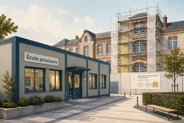 Écoliers devant une école en travaux