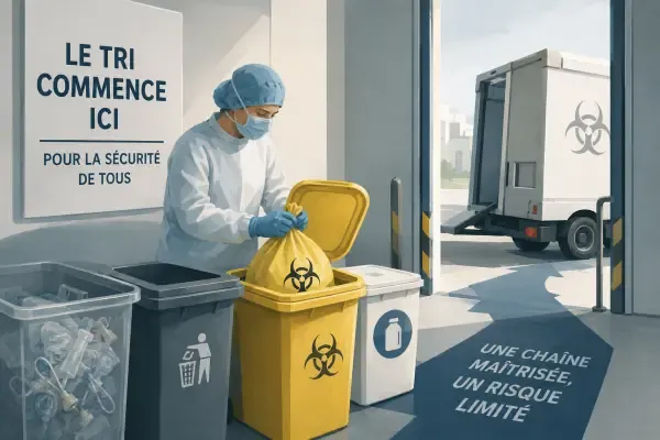 Illustration - Conteneurs de déchets devant un hôpital