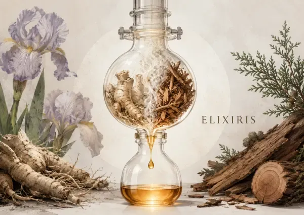 Iris et cèdre dans un alambic