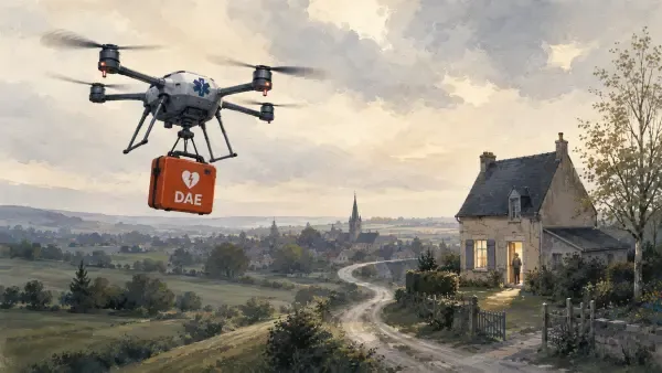 Drone livrant un défibrillateur en campagne