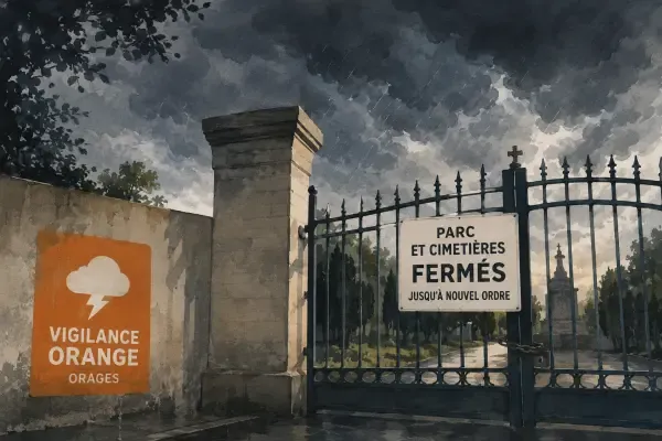 Grilles fermées sous un ciel orageux