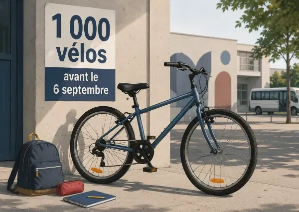Adolescents à vélo devant une école