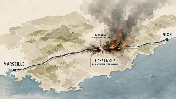 Train arrêté près d’un feu de forêt