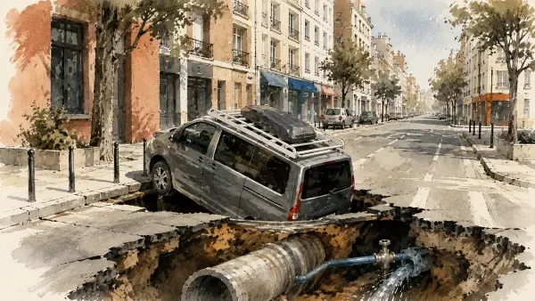 Voiture dans une chaussée effondrée