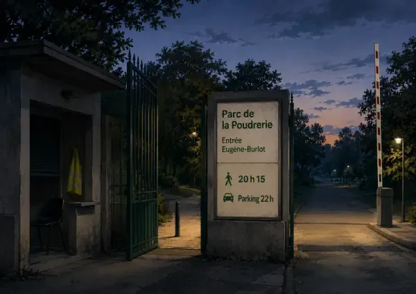 Entrée nocturne du parc de la Poudrerie