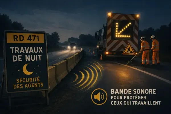 Route départementale en travaux de nuit