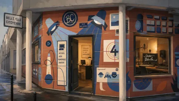 Illustration - Ordinateur et micro dans un local