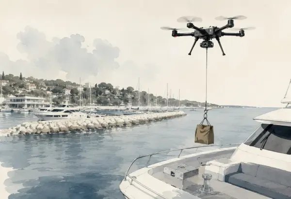 Drone livrant un yacht au mouillage
