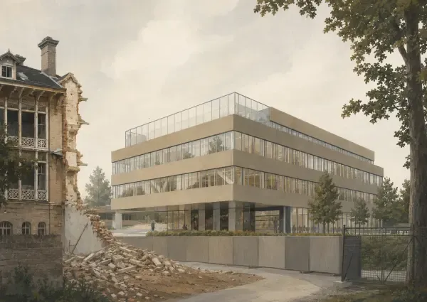Pelle devant un hôpital en chantier