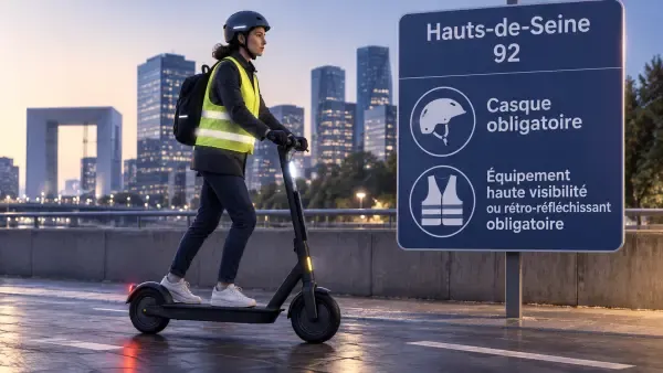 Trottinette, casque et gilet réfléchissant