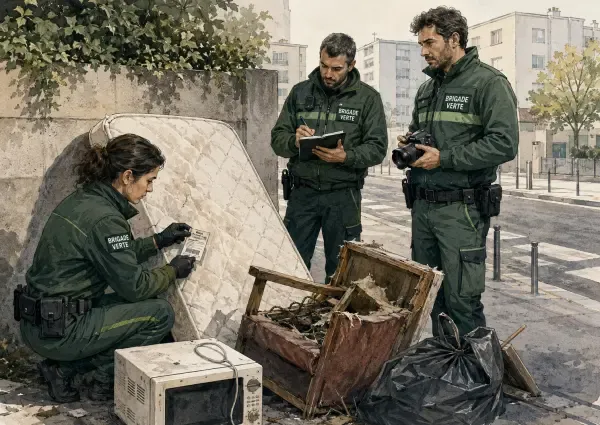Agents municipaux inspectant un dépôt sauvage