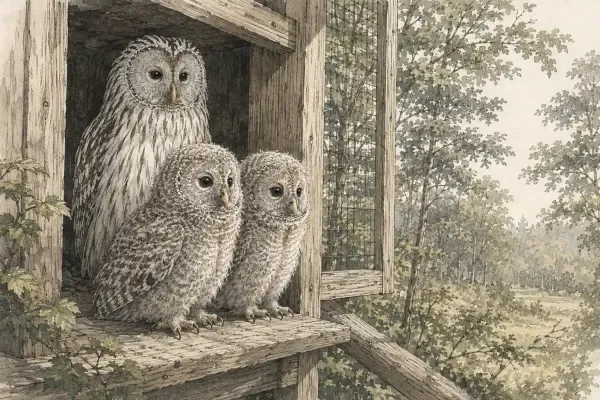 Deux chouettes de l’Oural en forêt