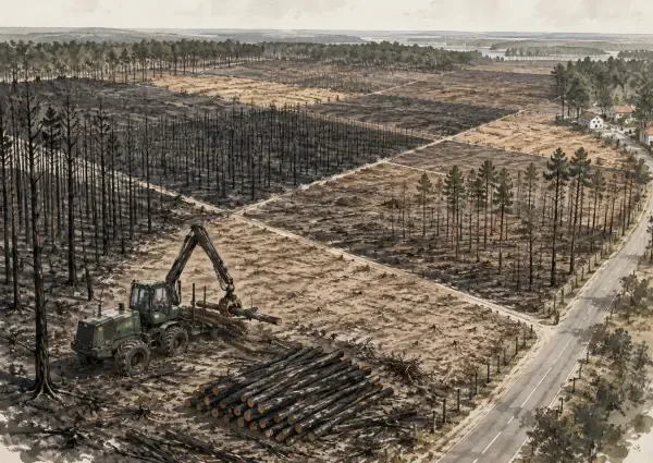 Pins brûlés près d’une route forestière