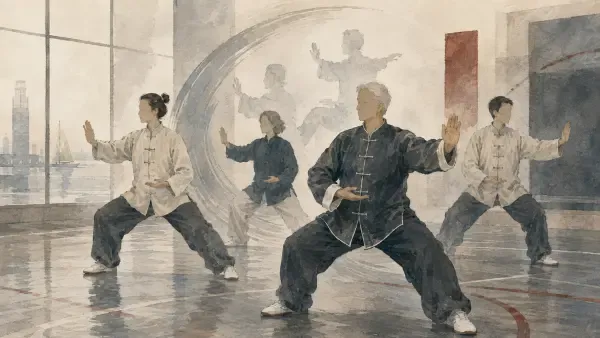 Pratiquants de tai-chi dans un gymnase