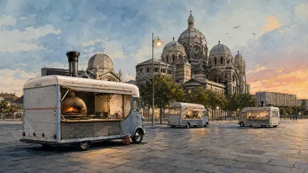 Camions-pizzas devant la Major à Marseille