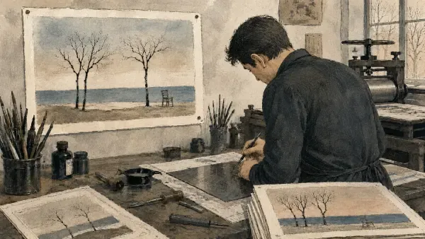 Illustration - Presse de gravure dans un atelier