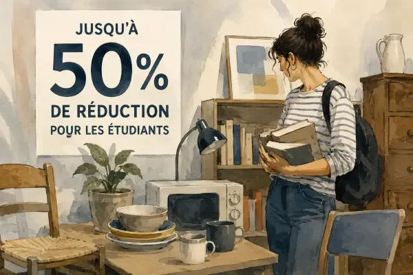 Illustration - Étudiante choisissant un meuble chez Emmaüs