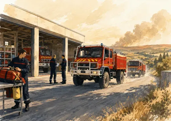 Illustration - Pompiers préparant un convoi de renfort