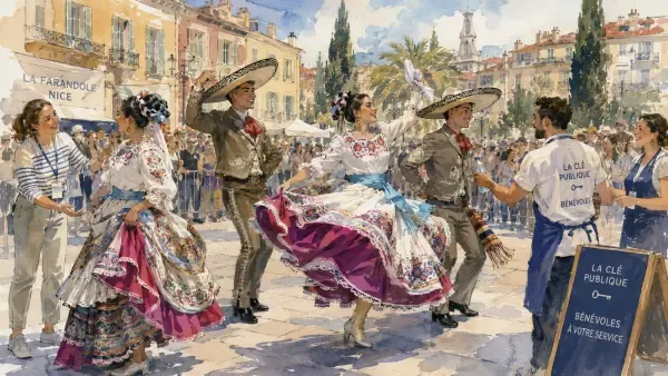 Illustration - Danseurs folkloriques sur un marché niçois
