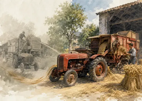 Illustration - Battage du blé à Bruyères-le-Châtel