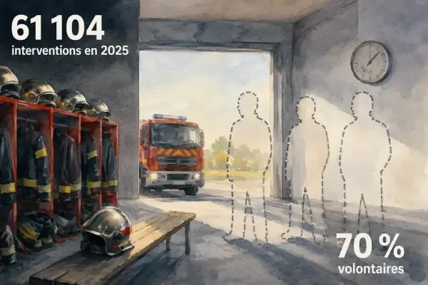 Illustration - Pompiers volontaires devant une caserne