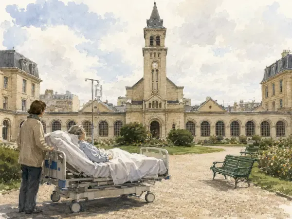 Illustration - Patiente alitée dans une cour hospitalière