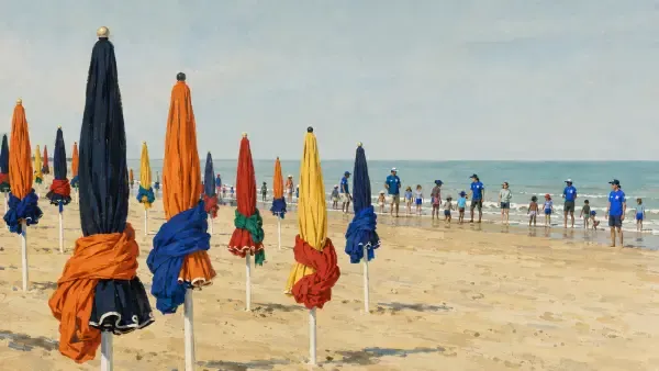 Illustration - plage de Deauville et autocars