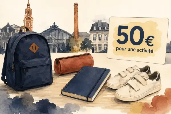 Illustration - Cartable et fournitures de rentrée