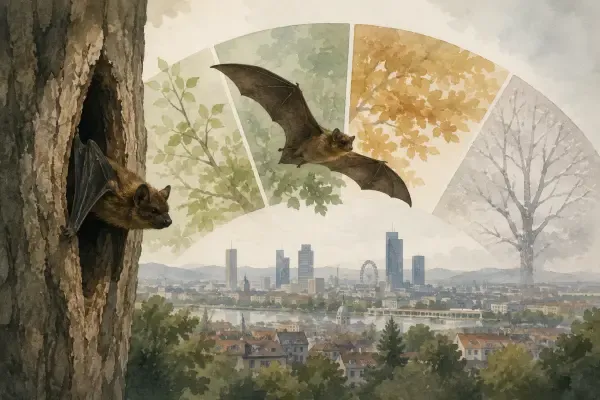 Illustration - Noctules quittant un arbre au crépuscule