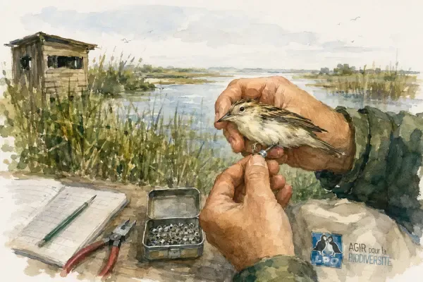 Bagueur tenant un oiseau à Certes