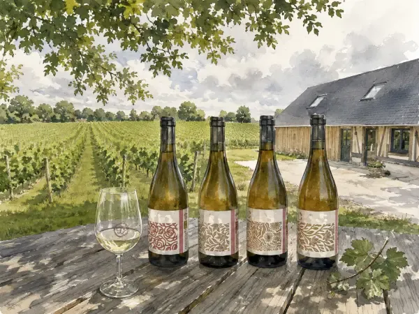 Illustration - Vignes et bouteilles à Bourg-Achard