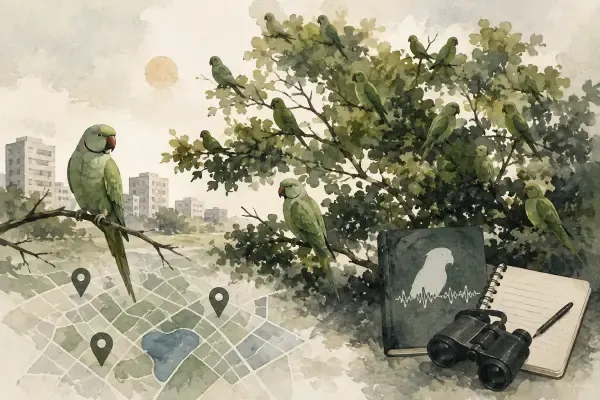 Illustration - Perruches réunies dans un arbre