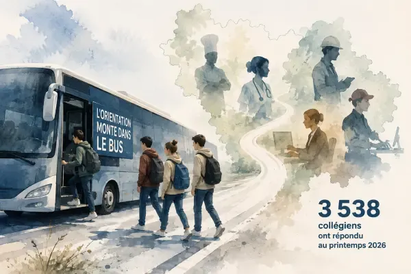 Illustration - collégiens et bus des métiers